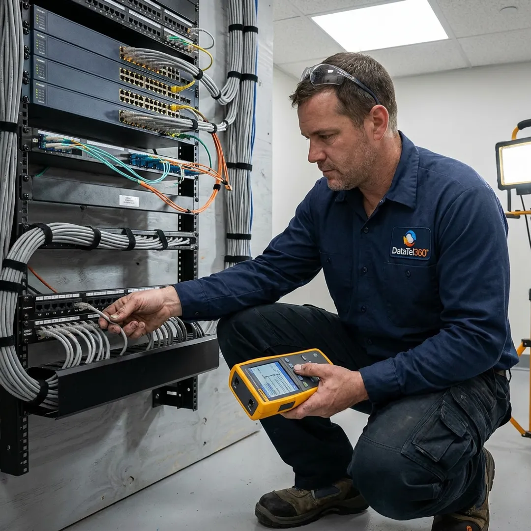 Technician testing network cabling