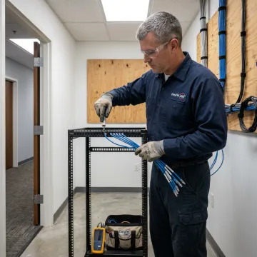 Technician installing network cabling in Augusta office
