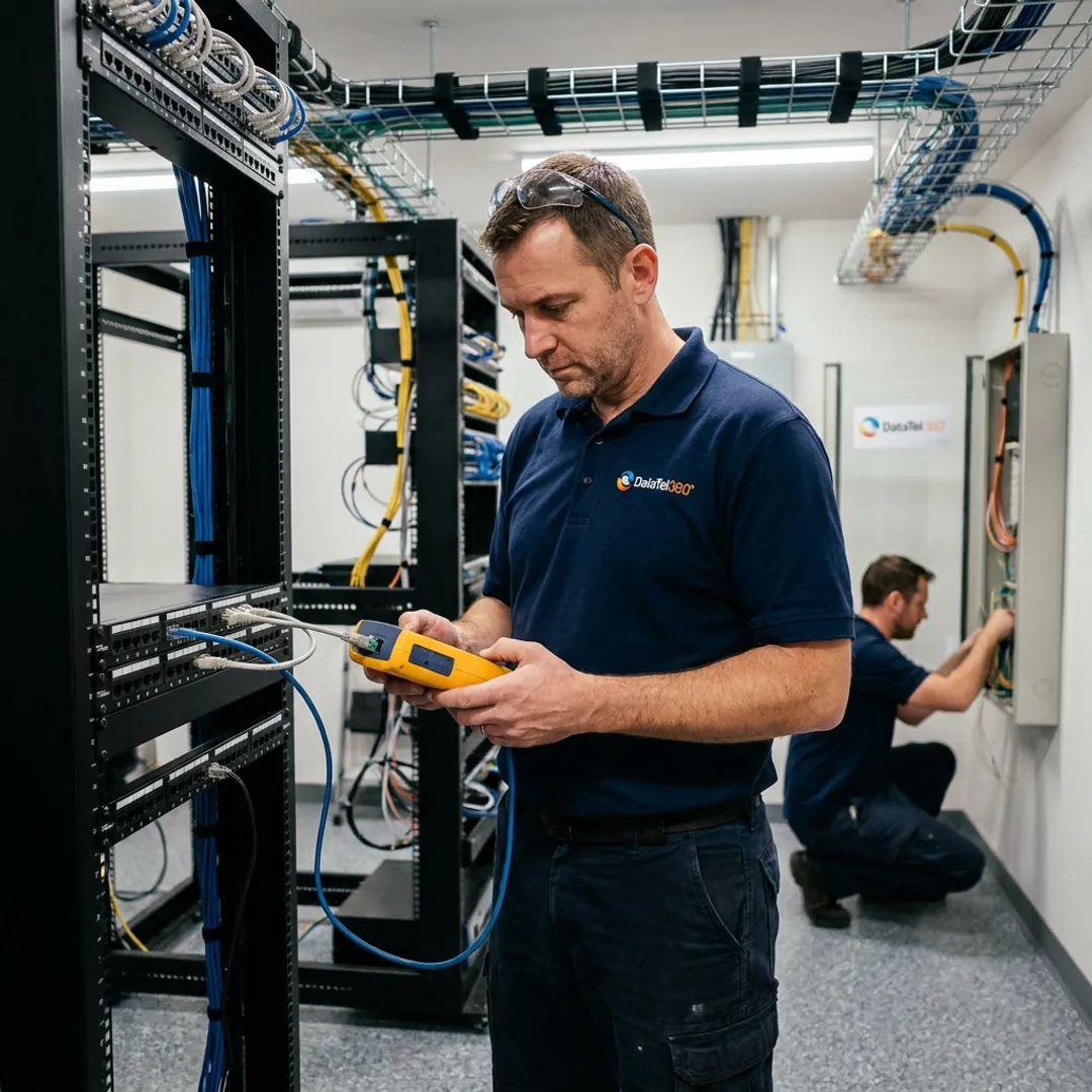 Technician testing network cabling in a server room