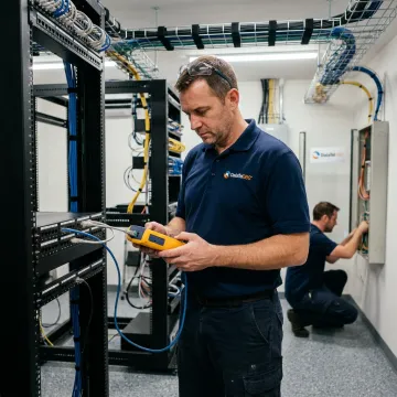 Technician testing network cabling in a server room