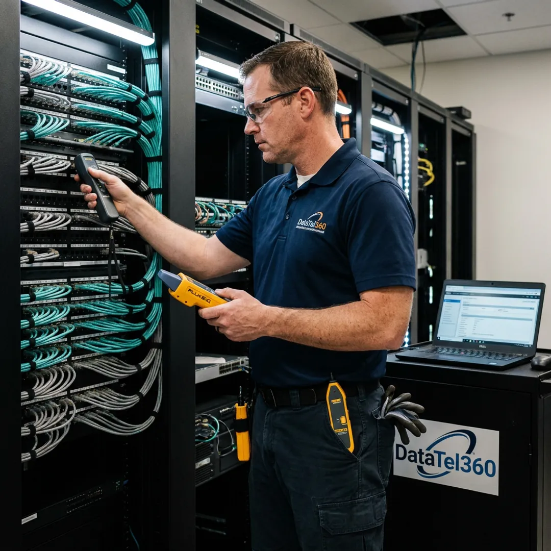 Technician testing damaged network cabling