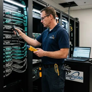 Technician testing damaged network cabling