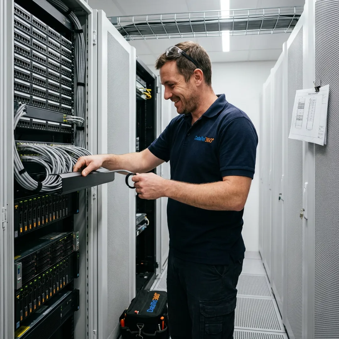 Technician installing equipment in data center rack
