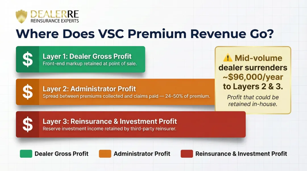 Three-layer VSC profit structure showing dealer gross administrator and reinsurance earnings