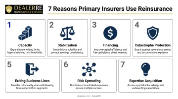 Seven reasons primary insurers buy reinsurance illustrated with icons