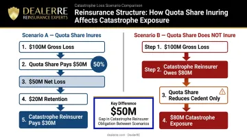 Worked reinsurance example comparing 30M versus 80M catastrophe reinsurer payment scenarios