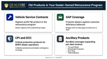 Dealer-owned reinsurance F&I product categories covered in admin obligor program