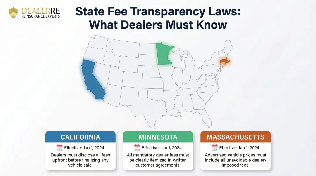 State fee transparency laws map showing California Minnesota and Massachusetts requirements