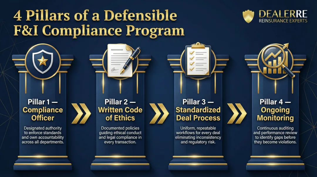 Four-pillar dealership F&I compliance program framework process flow diagram