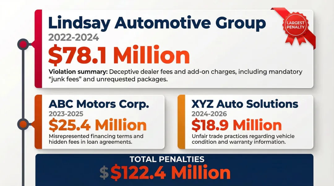 Three major dealership F&I enforcement penalties comparison timeline 2022 to 2026