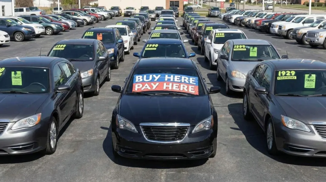 BHPH dealership lot with used vehicles and financing signage for independent dealers
