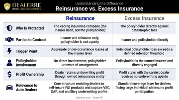 Reinsurance versus excess insurance six-dimension side-by-side comparison infographic