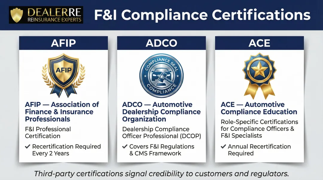 Three F&I compliance certification programs comparison AFIP ADCO and ACE