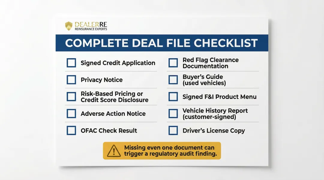 10-item F&I deal file documentation checklist for auto dealership compliance