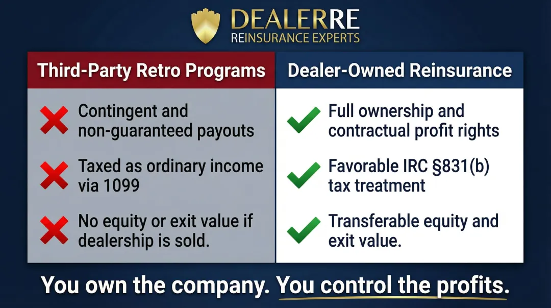 Dealer-owned reinsurance versus third-party retro program profit comparison infographic
