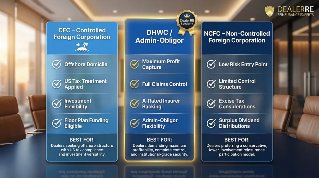 Three dealer reinsurance structure types comparison CFC DHWC and NCFC side by side