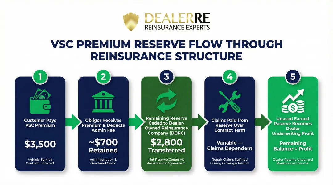 5-step VSC premium reserve flow from customer payment to dealer underwriting profit