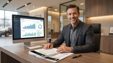 Independent BHPH auto dealer reviewing F&amp;I profit participation program documents at desk