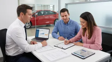 Auto dealership finance office showing GAP insurance product presentation to car buyer