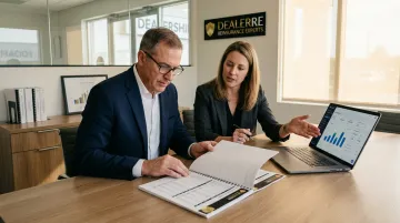Auto dealer principal reviewing reinsurance program documents with financial advisor