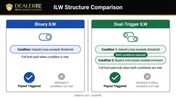 Binary versus dual-trigger ILW contract comparison showing payout conditions