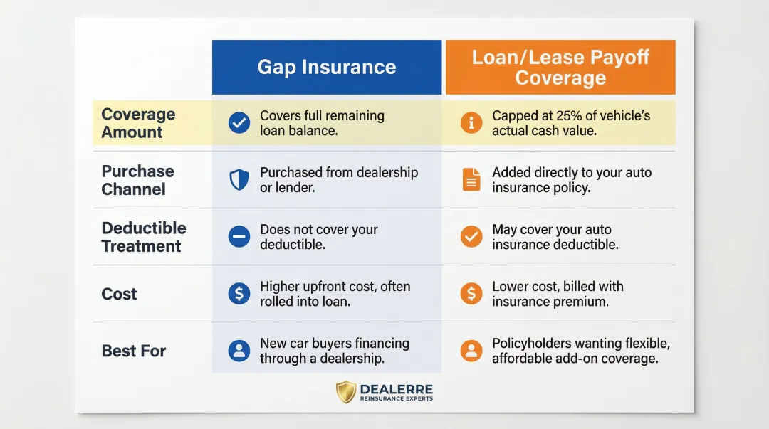 Gap insurance versus loan lease payoff coverage five-feature side-by-side comparison chart