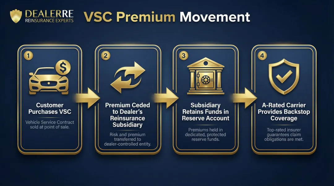 4-step VSC premium flow process from customer purchase to A-rated carrier backstop
