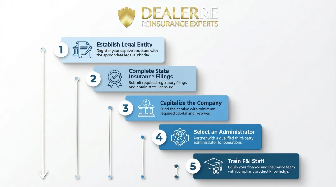 5-step VSC reinsurance subsidiary formation process from legal entity to F&I staff training