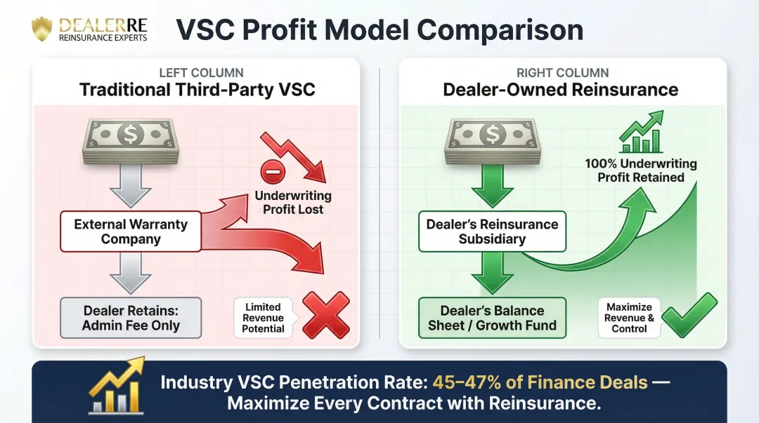 Third-party VSC profit flow versus dealer-owned reinsurance profit capture comparison infographic