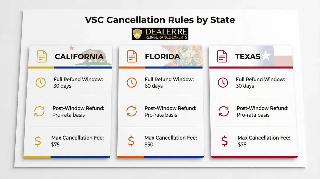 State VSC cancellation refund rules comparison chart for California Florida and Texas