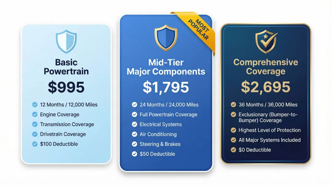 Three-tier vehicle service contract coverage levels comparison infographic for dealers