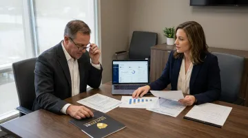 Tax attorney and dealer reviewing captive insurance reinsurance structure documents together