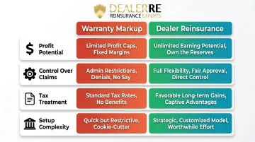 Warranty markup versus dealer reinsurance four-factor comparison infographic