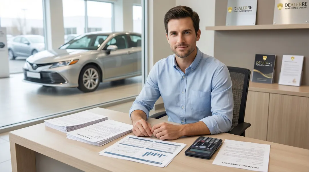 Car buyer reviewing auto loan financing documents and total cost breakdown at dealership