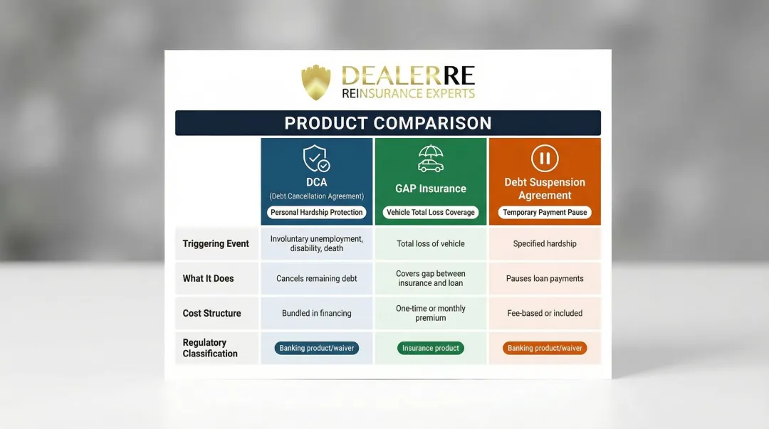 DCA versus GAP insurance versus debt suspension side-by-side product comparison chart