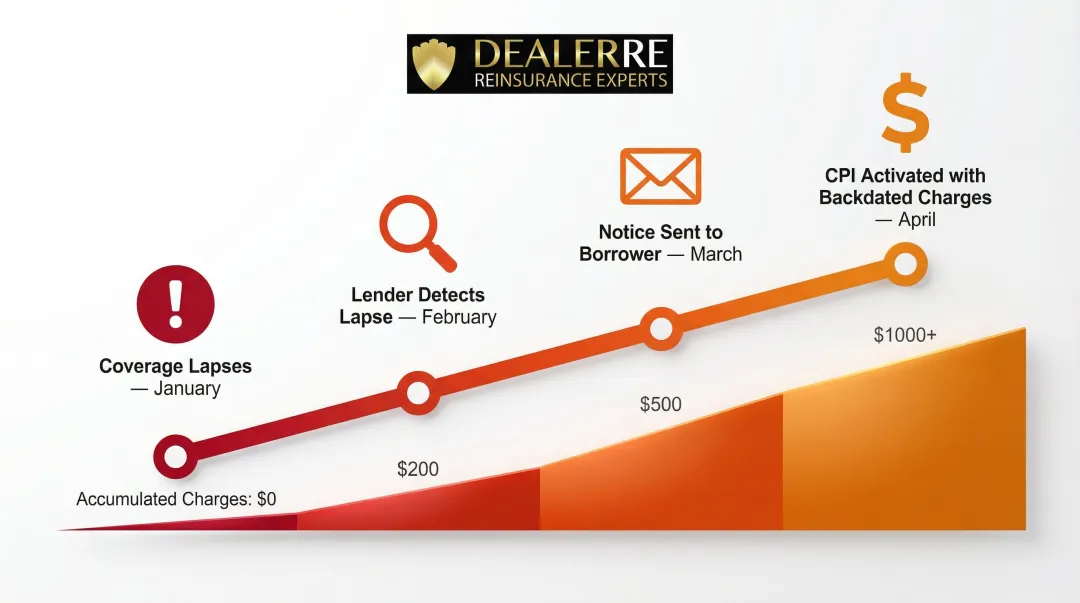 CPI backdating timeline showing how retroactive charges accumulate on borrower account