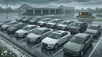 Auto dealer lot showing multiple vehicles with hail damage after severe storm event