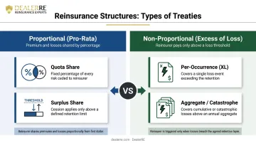Proportional versus non-proportional reinsurance types side-by-side comparison infographic