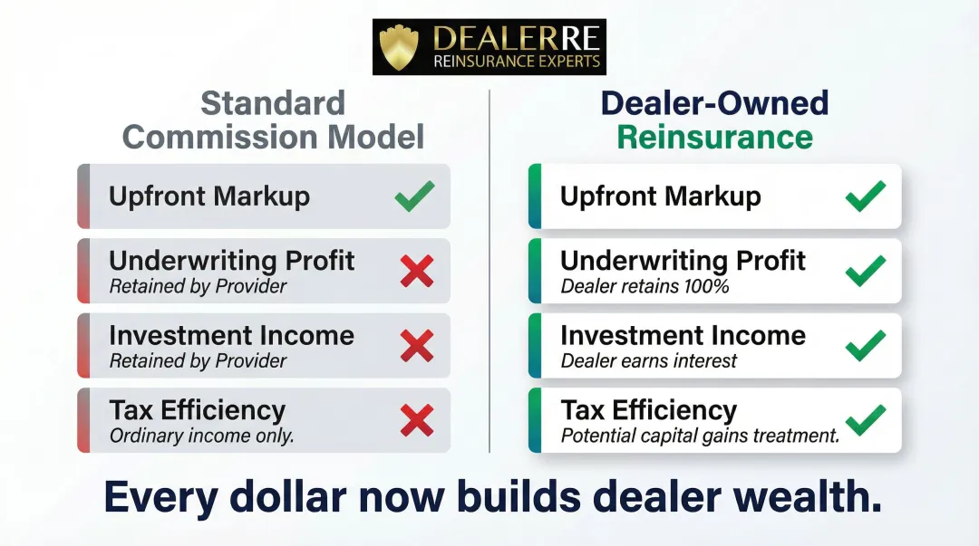 Standard commission model versus dealer-owned reinsurance revenue components side-by-side comparison