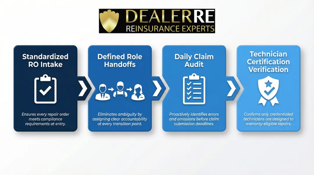 Four-step dealership warranty compliance workflow from intake to claim submission