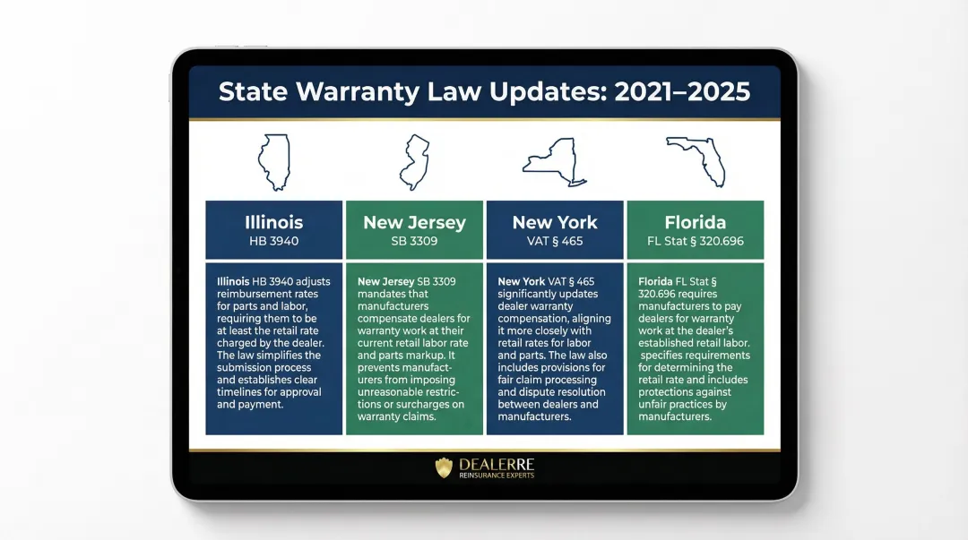 2021 to 2025 state warranty reimbursement law updates across four states comparison