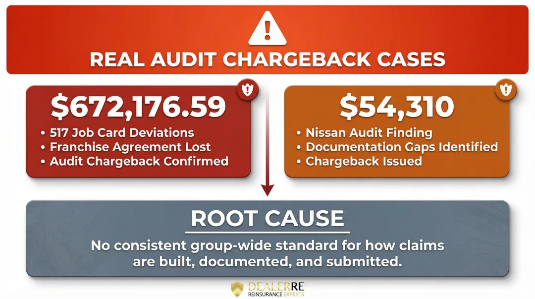 Multi-location dealer warranty audit chargeback risk and root causes breakdown infographic