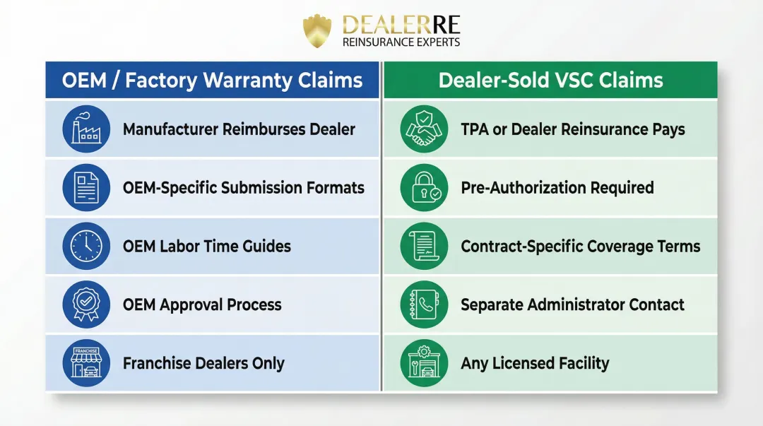 OEM factory warranty versus dealer-sold VSC claims two-track process comparison