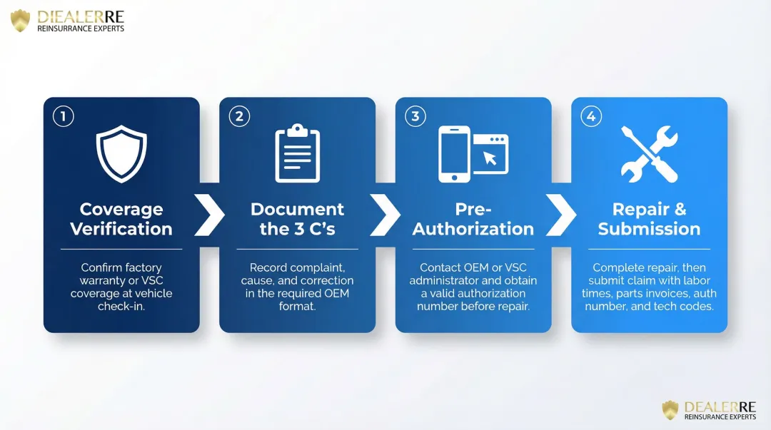 4-step warranty claim pre-authorization and documentation process flow for dealer groups