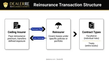 Three-party reinsurance transaction flow diagram ceding insurer reinsurer and contract
