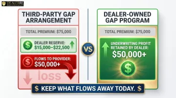 Dealer-owned GAP versus third-party GAP profit distribution comparison infographic