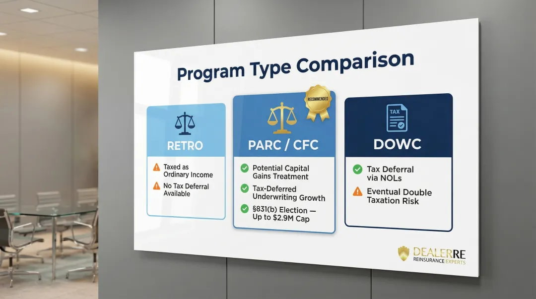 Three F&I profit participation program types tax treatment comparison chart