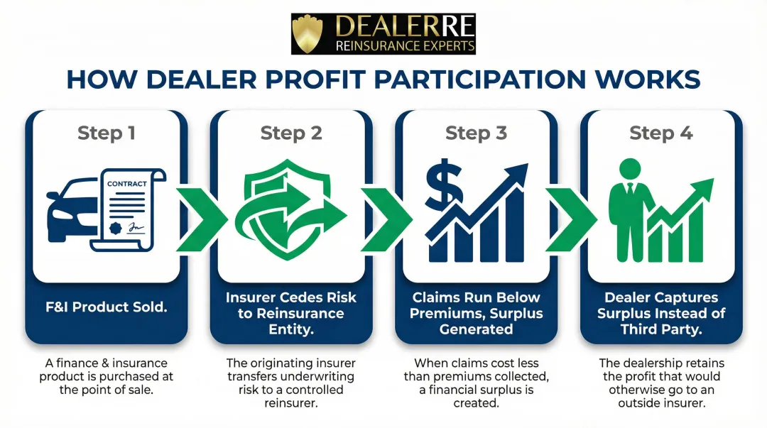 4-step profit participation mechanics flow from F&I sale to dealer surplus