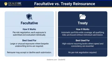 Facultative versus treaty reinsurance structures side-by-side comparison infographic