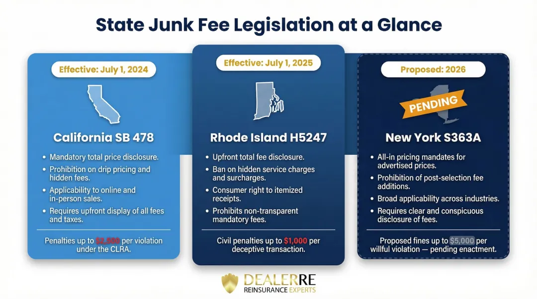 State junk fee laws comparison chart California Rhode Island New York 2024-2026